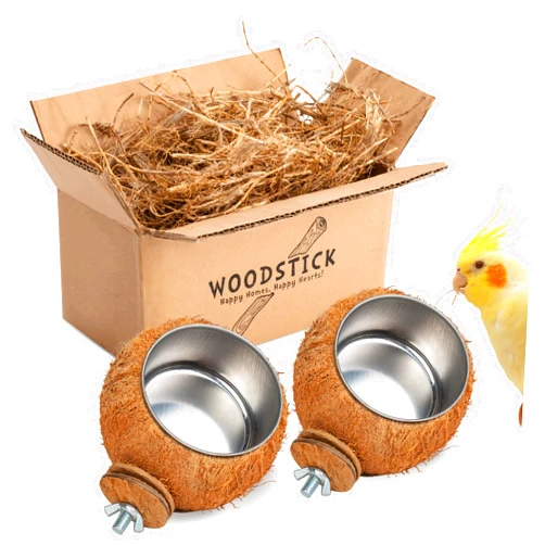 WOODSTICK Coconut Pet Feeder Bowl Set - Removable Stainless Steel Cup - Hanging Pet Cage Bowl - Food & Water Feeder Coop Cup for Small Animals Birds, Ferrets, Hamsters, Chinchillas, 2pcs