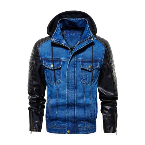 FTIMILD Mens Denim Jacket with Pu Leather Patchwork Biker Jacket with Detachable Hood Jean Jacket with Multiple Pockets