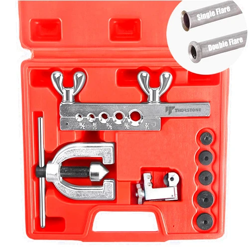 Thorstone Double & Single Flaring Tool Kit for Brake Line and Brass Tubing Tool with Extra Adapters, 45 Degrees, Red
