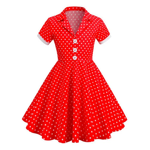 IWEMEK Kids Notch Lapel 50s Dress for Girls Vintage Retro 1950s Polka Dot Dress for Girls 50's Audrey Hepburn Rockabilly Swing Dress
