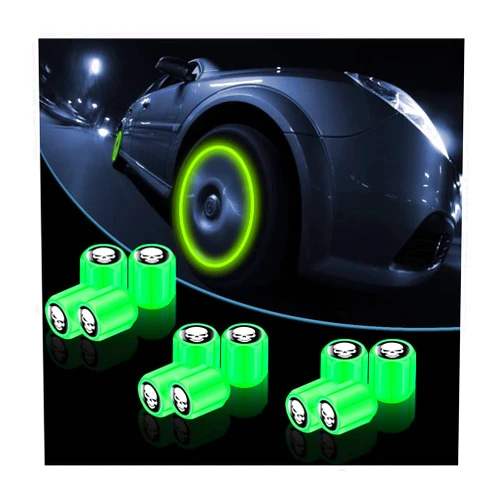 XINLIYA 12PCS Fluorescent Skull Car Tire Valve Stem Caps, ABS Corrosion Resistant Wheel Valve Cover, Luminous Illuminated Cap Glow in The Dark, Auto Decor Accessories for Motorcycles Bicycles (Green/White)