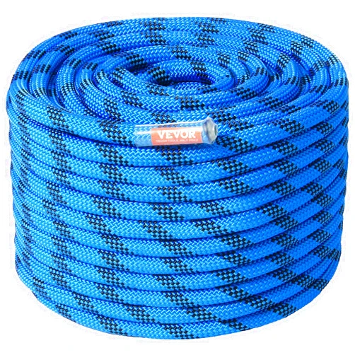 VEVOR 12.7mm Static Climbing Rope, 60.9M(200ft) Outdoor Rock Climbing Rope 30KN Breaking Tension, Fiber Rope with Steel Snap Hooks for Escape, Rappelling, Fire Rescue, Blue