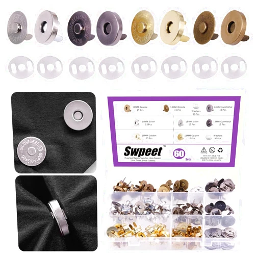 Swpeet 60 Sets Magnetic Button Clasps Snaps, 18MM Metal Fastener Clasps Gold Silver Bronze Black DIY Craft Sewing Knitting Buttons Sets for Sewing, Purses, Bags, Clothes, Leather