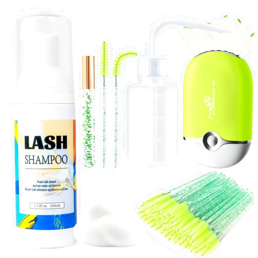 Buqikma Lash Shampoo 2.11Floz Eyelash Extension Cleanser Gentle Foam,USB Mini Lash Fan,Rinsing Bottle Mascara Brush Cleaning Brush Lash Cleaning Kit Lash Wash for Professional Salon&Home(Green)