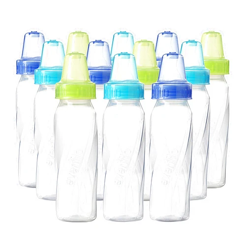 Evenflo Feeding Classic Clear Plastic Standard Neck Bottles for Baby, Infant and Newborn - Teal/Green/Blue, 8 Ounce (Pack of 12)