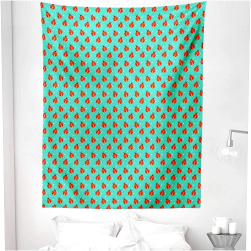 Ambesonne Modern Tapestry Twin Size, Ladybugs with Little Star Motifs Spring Nature Pattern on Blue Background, Wall Hanging Bedspread Bed Cover Wall Decor, 68