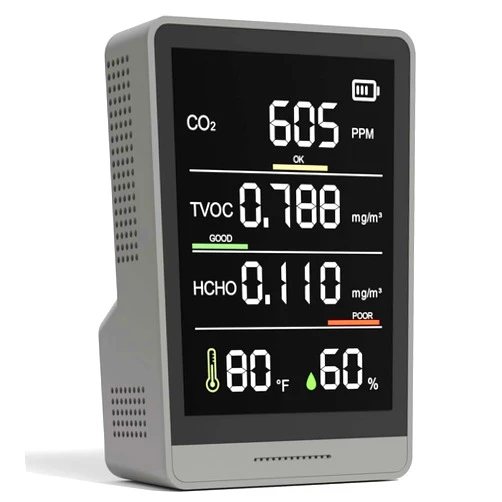 XOOPON Professional Air Quality Monitor Indoor C02 Monitor Temperature Humidity TVOC HCHO Detector for Home Office or School Battery Powered Portable Air Quality Tester (Grey)
