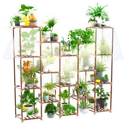 Solatmos Wood Plant Stand With Grow Lights Indoor Plants Outdoor Corner Plant Shelf Flower Stands for Living Room Balcony Garden (17 Pots)