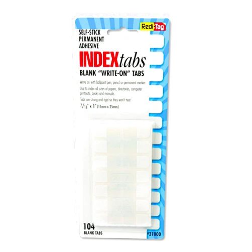Redi-Tag, RTG31000, Permanent Stick Write-On Index Tabs, 104 / Pack , White