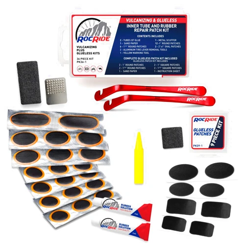 RocRide 36-PC Bike Inner Tube Repair Kit. Includes Vulcanizing and Self Adhesive Bike Tire Patch Kit with Metal Tire Levers