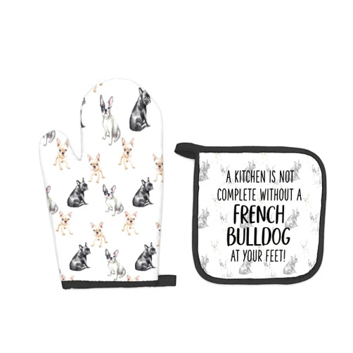 FIicy French Bulldog Dog Oven Mitts and Pot Holders Sets, Frenchbulldog Gifts Kitchen Accessories Sets, Complete Without a French Bulldog Heat Resistant Oven Glove Potholders for Kitchen Baking