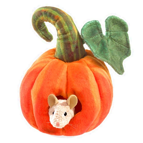Folkmanis Mouse in Pumpkin Finger Puppet, Orange, Green, Pink (3118)