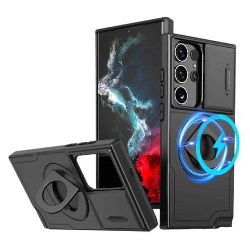 ANNGELAS for Samsung Galaxy S23 Ultra Mag-Safe Kickstand Case with Slide Camera Cover,Slim Shockproof Military Heavy Duty Anti-Drop Full Body Protection,360 Rotating Stand Magnetic Phone Case(Black)