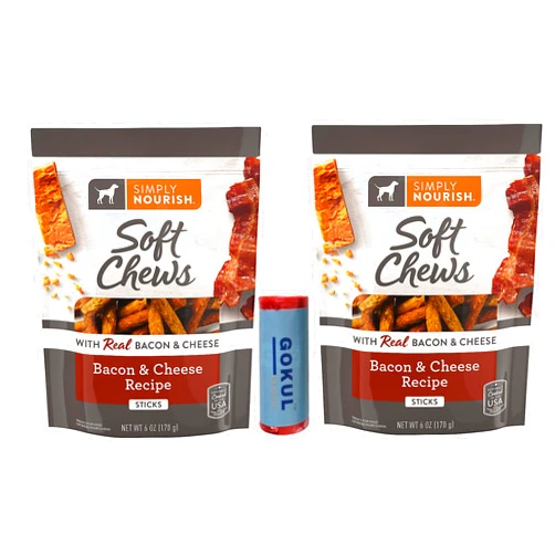GOKUL BRANDS Wiggles & Wags Meaty Sticks, Also Known as Bacon & Cheese Soft Chews, Soft & Chewy Dog Treats for Adult Dogs, Made with Real Beef, 2-6 Oz Packs Bundled with Dog Poop Bag by Gokul Brands