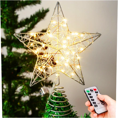 Verdenu 10'' Christmas Tree Topper Lighted in 8 Modes, Christmas Star Tree Topper with 40 LED Lights, Metal Star Tree Topper with Remote Control for Christmas Decorations, Home Decorations
