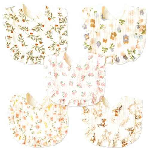 Zainpe 5Pcs Snap Muslin Cotton Baby Drooling Bibs Bib with Flounce Lace Absorbent Layers Soft Burp Cloths for Infant