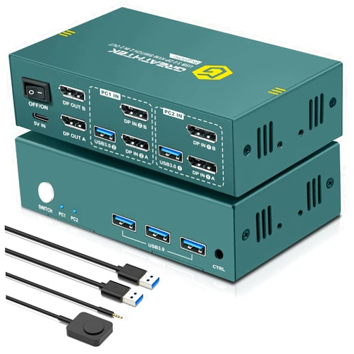 EVATEK 8K@60Hz Displayport KVM Switch 2 Monitors 2 Computers USB 3.0, 4K@240Hz KVM Switch Displayport with 3 USB 3.0 Ports Sharing Keyboard and Mouse, Printer/Scanner, Desktop Controller
