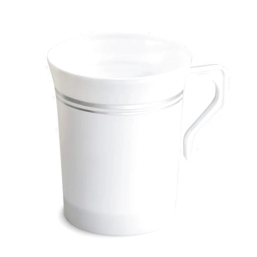 OCCASIONS FINEST PLASTIC TABLEWARE OCCASIONS 120 Mugs Pack, Heavyweight Disposable Wedding Party Plastic 8 oz Coffee Mugs/Tea Cups/Cappuccino Cups/Espresso Cup with Handles (8 oz Mugs, White & Silver Rim)