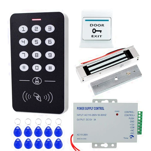 49.99 HFeng Cheap Access Control System Kit Set RFID Access Control Keypad Controller + 180KG/350lbs Electric Magnetic Lock + Power Supply + 10pcs RFID Keychains Cards for Door Entry System