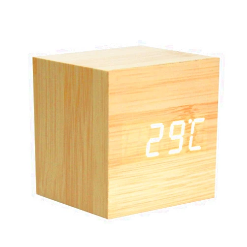 Lancoon Wooden Alarm Clock - Mini Cube LED Digital Clock with Time/Date/Temperature Display, 3 Levels Brightness and Voice Control Great for Home Office Travel - AC10Yellow_White