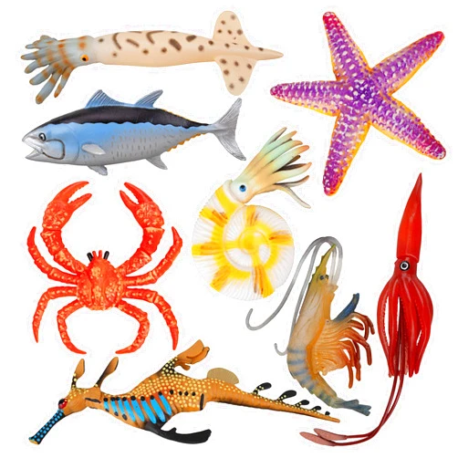 Toymany 8PCS Plastic Sea Ocean Animal Figurines Bath Toy with Crab Starfish Squid Fish, Rubber Marine Creature Figures for Decor Aquarium Fish Tank