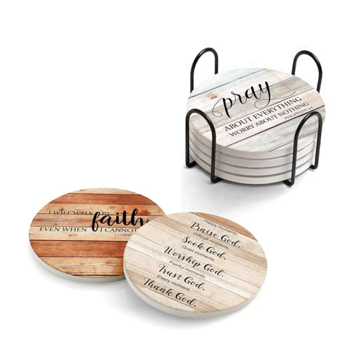 Hoomey Coasters for Drinks with Bible Verses, Set of 6 Absorbent Drinks Coasters with Holder Ceramic Drink Coaster with Cork Backing for Table Protection, Christian Coasters, Christian Gifts