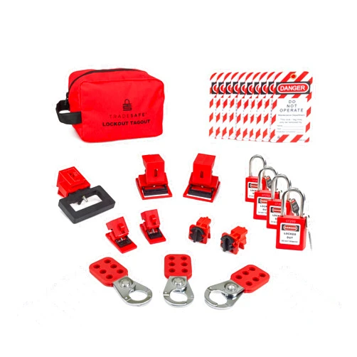 TRADESAFE Breaker Lockout Tagout Electrical Loto Kit, 120/277V to 480/600V Circuit Breaker Lockout, Hasps, Lockout Tags, Keyed Different Red Loto Locks (1 Key Each); Devices for Station Refill