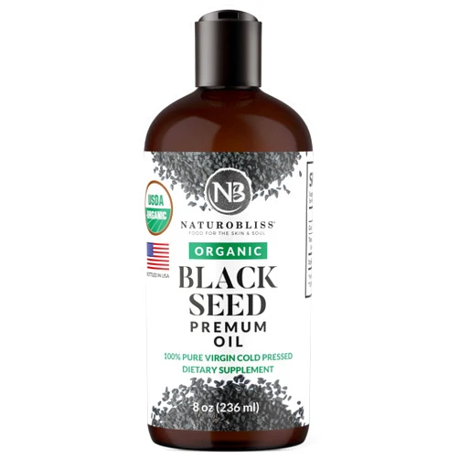 NaturoBliss Organic Black Seed Oil 100% Virgin Cold Pressed Omega 3 6 9 Super Antioxidant for Immune Support, Joints, Mobility, Digestion, Hair & Skin Vegan, Gluten-Free, Non-GMO USDA Certified 8oz