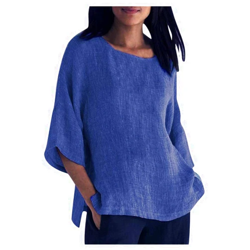 SUOKOM Short Sleeve Tunic Dress Summer Linen Tops For Women, 3/4 Sleeve T Shirts Loose Plus Size Cotton Linen Tshirt Womens Crewneck Casual Blouse Tee Blusa De Manga Corte Blue