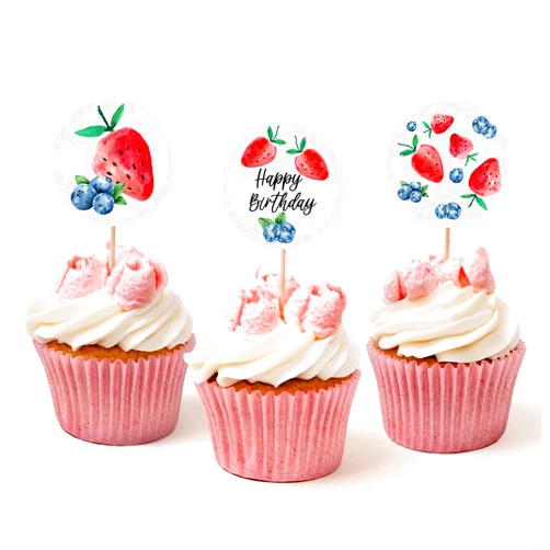 SEBMNOO Sweet Strawberry Cupcake Toppers for Birthday Cake, Happy Birthday Cupcake Topper for Women Men, Blueberry Cupcake Toppers for Girls Boy Birthday Party Decorations, Kids Adult Birthday Party Supplies