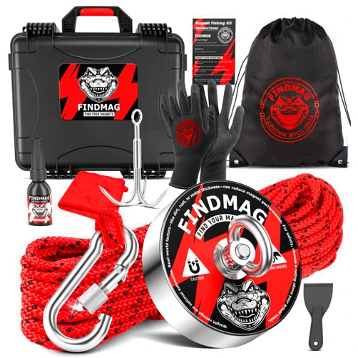 FINDMAG 2000 lbs+ Magnet Fishing Kit, Diameter 4.72inch(120mm), N52 Super Strong Magnet for Fishing with Carry Case, Gloves, 65ft Rope, Backpack, Scraper, 10 Piece Complete Set Fishing Magnet Kit
