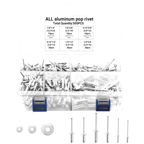 NOVWANG 500 pcs Aluminum Pop Rivets with Backup Washers Assortment Kit, 6-Values Size Blind Rivets Set with Labeled Case（1/8