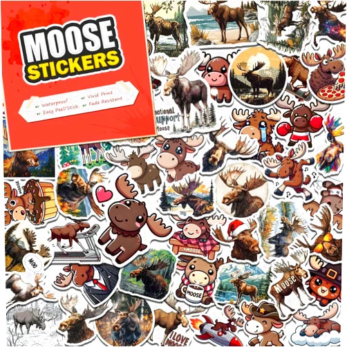 Amazefull 100 PCS Moose Stickers Pack – Waterproof Vinyl Decals for Water Bottles, Laptops, Phones, Notebook, Cars – Cool Vibrant Graphics for Moose Enthusiast