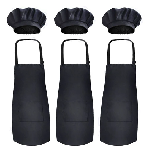 Novelty Place Kid's Apron with Chef Hat Set (3 Set) - Skin-friendly Children’s Bib with Pocket - Cooking, Baking, Painting, Training Wear - Kid's Size (6-12 Year, Black)