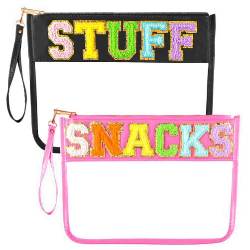 Sanwuta Chenille Letter Clear Zipper Pouch, 2Pcs Set, Classic Stuff Snacks, PU Leather, Transparent Travel Patch Pouch for Cosmetics, Toiletries, Makeup, 16.5 x 12.2 Inch