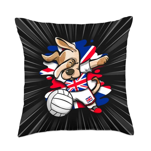 Teeisle United Kingdom Volleyball Dabbing Dog United Kingdom Volleyball Fans Jersey UK Flag Throw Pillow, 18x18, Multicolor