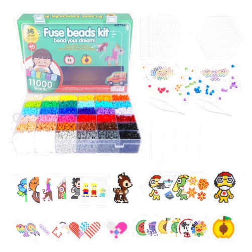 ARTKAL Fuse Beads Kit 11,000pcs 36 Colors Melting Beads Kit for Kids, with 5 Pegboards 2 Tweezers 48 Patterns, Fusible Beads Kit Compatible Perler Beads Hama Beads for Christmas Birthday Gift