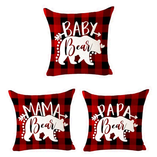 LIPOR Set of 3 Best Gift To Family Baby Mama Papa Bear Red And Black Buffalo Plaid Checkered Pillowcover Cotton Linen Square Throw Pillow Case Decorative Cushion Cover Pillowcase for Bed Coach Sofa 18