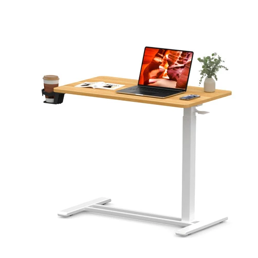 FitStand Medical Overbed Adjustable Bedside Table with Hidden Casters, Pneumatic Mobile Rolling Laptop Standing Desk with Tray for Home and Hospital Use, Maple