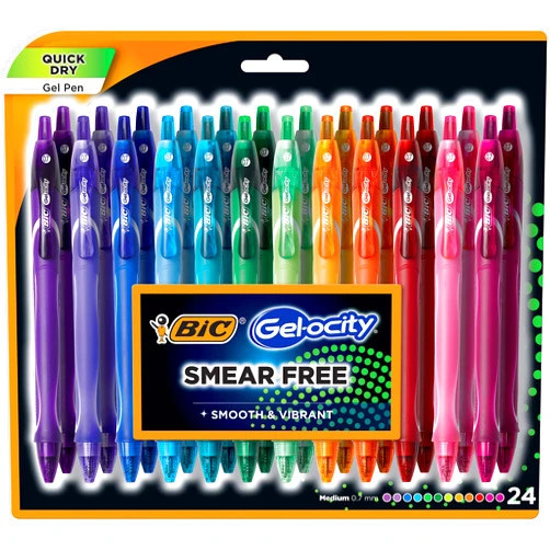 BIC Gelocity Quick Dry Gel Pen with Fast Drying Ink and Comfortable Grip, Assorted colors, 0.7 mm Medium Point, 24 Pack