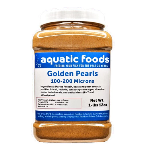 Aquatic Foods Inc. Golden Pearls 100-200 Micron Powder for Fry, Babies of Shrimp, Axolotls, Discus, Cichlids, Catfish, Tetras, Angel Fish, Guppies, Bettas, Goldfish, Corals, Reefs..1-lb 12oz Med Jar
