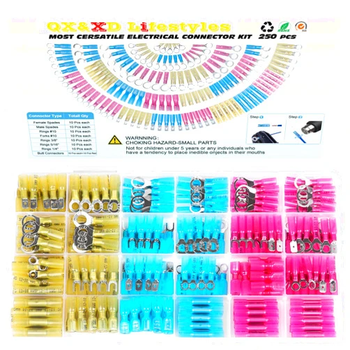 QX&XD lifestyles 250PCS Heat Shrink Wire Connectors,Electrical Terminals Kit,Waterproof,Automotive Marine Electrical Terminals Kit,Ring Fork Hook Spade Butt Splices,Tinned Red Copper,12-10,16-14,22-16 (250PCS)
