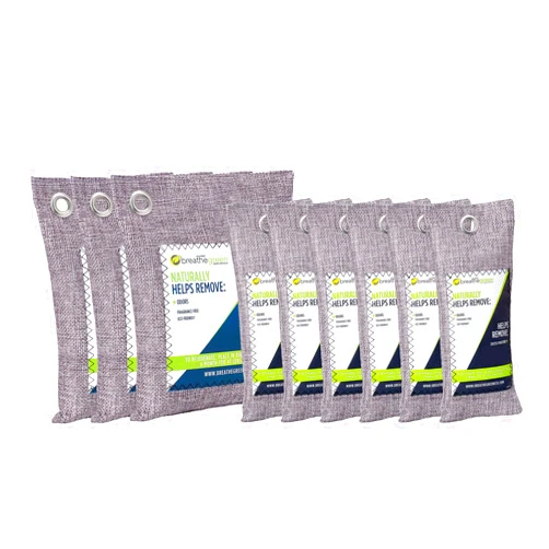 Breathe Green Bamboo Charcoal Bags Odor Absorber (9-Pack) Activated Charcoal Odor Eliminator Bag, Natural Freshener Removes Odors and Moisture, Odor Eliminator for Home, Pets, Shoes, Closet, RV