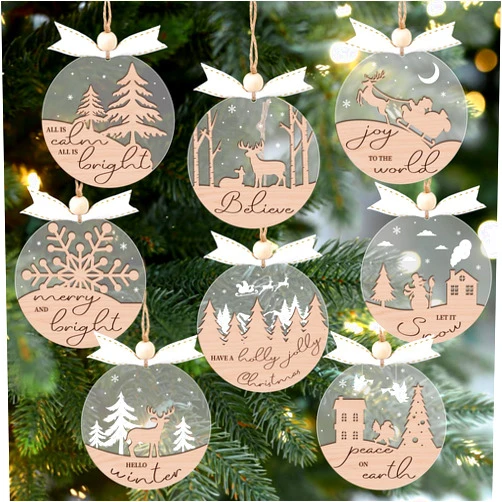 GuassLee 16pcs Winter Christmas Hanging Ornaments for Tree - 3D Wooden Acrylic Christmas Cutouts Reindeer Snowman Snowflake Ornaments for Christmas Tree Gifts Winter Party Supplies