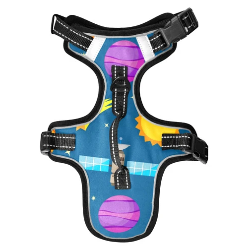 Poeticcity Astronauts, Rocket, Planets, Sun, Moon in Blue Space Galaxy Space No Pull Vest Harness, Padded Reflective Adjustable Harnesses for Small to Large Dogs Cats with Leash Clips Easy Control Handle M