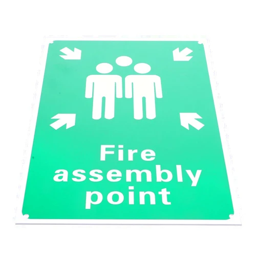 TOPPERFUN Fire Assembly Point Sign: 11.71 x 8.25 x 0.04 Inch Safety Aluminum Sign, Indicating Aluminum Emergency Sign with Symbol and Text for Park Garden Workplace Warehouse, White on Green