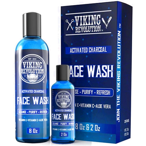 Viking Revolution Charcoal Face Wash for Men- Scrub Away Dirt and Toxins, Skin Cleaning Agent - Cleanse, Purify and Refresh - Daily Charcoal Facial Cleanser - 8 Fl Oz plus a 2 Fl Oz, 2 Piece Set