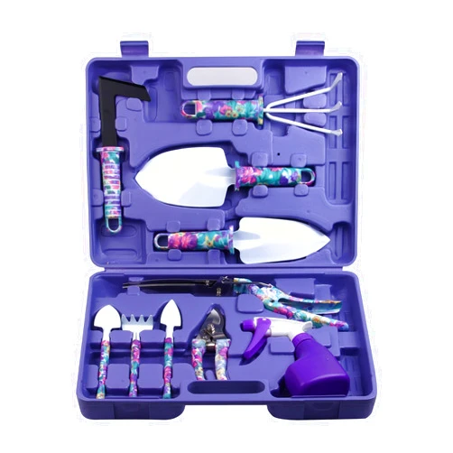 JUMPHIGH Garden Tools Set, JUMPHIGH 10 Pieces Gardening Tools with Purple Floral Print, Ergonomic Handle Trowel Rake Weeder Pruner Shears Sprayer, Garden Hand Tools with Carrying Case Gardening Gifts for Women