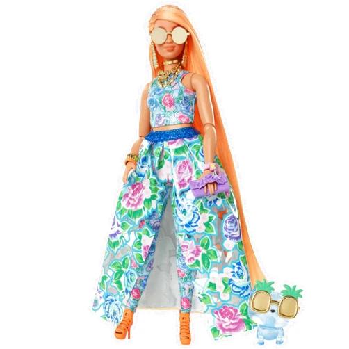 Barbie Extra Fancy Fashion Doll & Accessories with Curvy Shape & Orange Hair in Floral 2-Piece Gown with Pet Kitten
