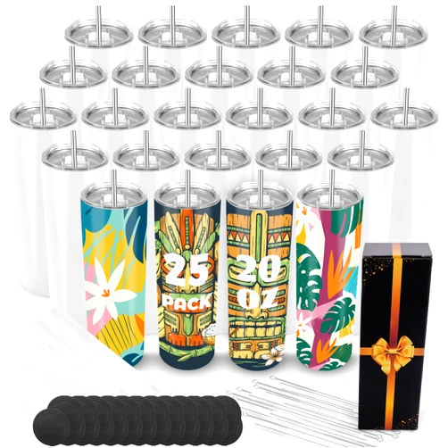 Joyclub 25 Pack 20 oz Sublimation Tumblers Bulk Sublimation Blanks for Heat Transfer Double Wall Insulated Straight SkinnyTumbler with Individually Gift Box and Shrink Wrap Film